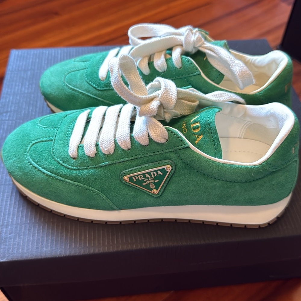 Prada Green Suede Sneakers with White Laces - Picture 3 of 11